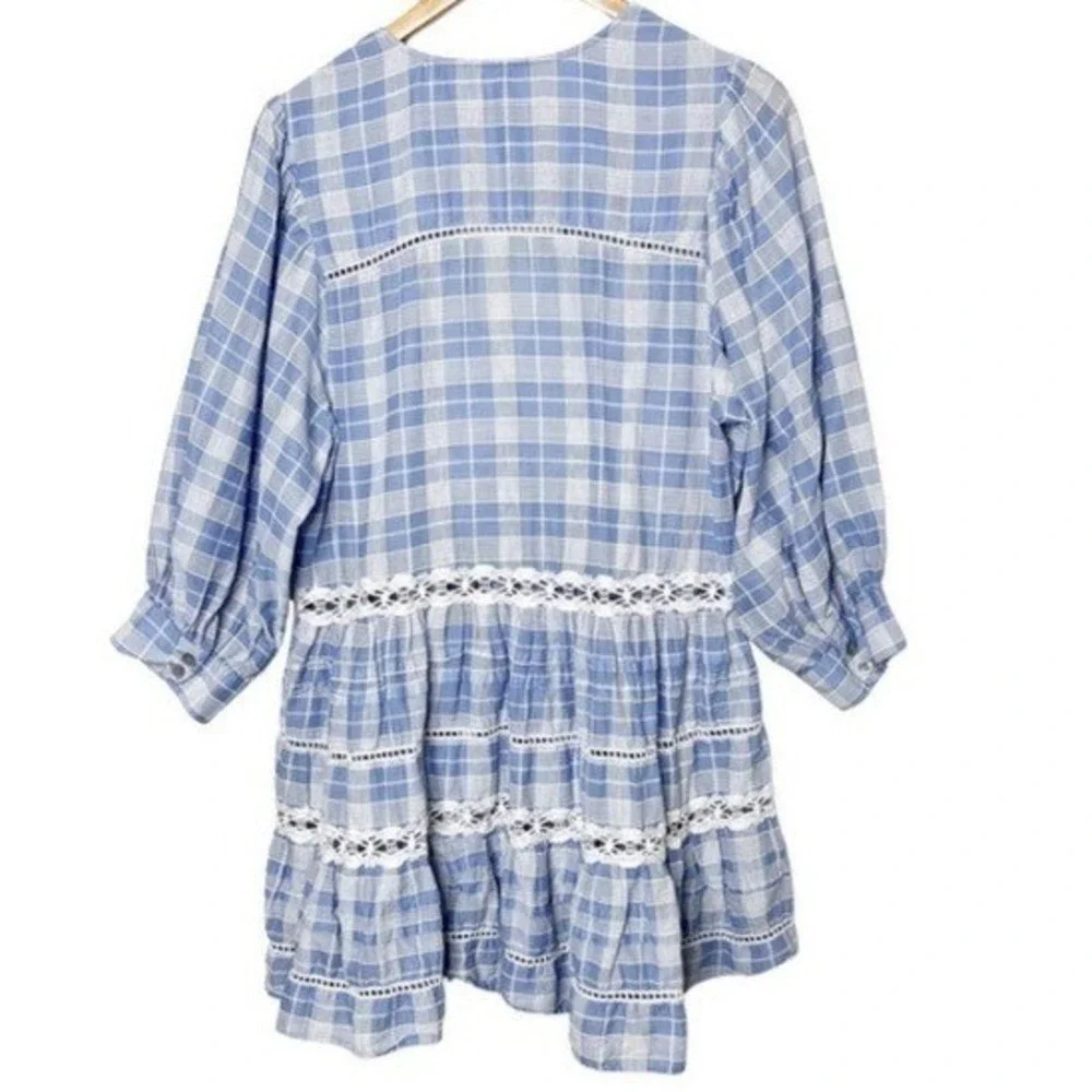 Free People Blue White Plaid Crochet Lace Tiered Babydoll‎ Tunic Top S/P Womens